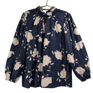 Bloomchic sz L Navy Blue Floral Print Ruffle Neck Long Sleeve Blouse Women's Top
